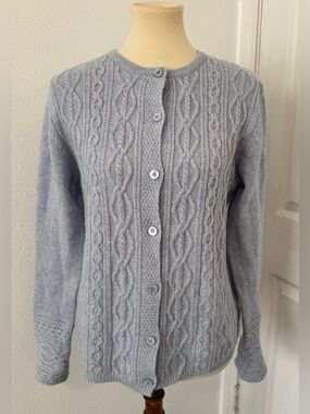 IRELANDS EYE Foxrock Cardigan Wool Cashmere Baby Blue Cableknit Button Up Medium